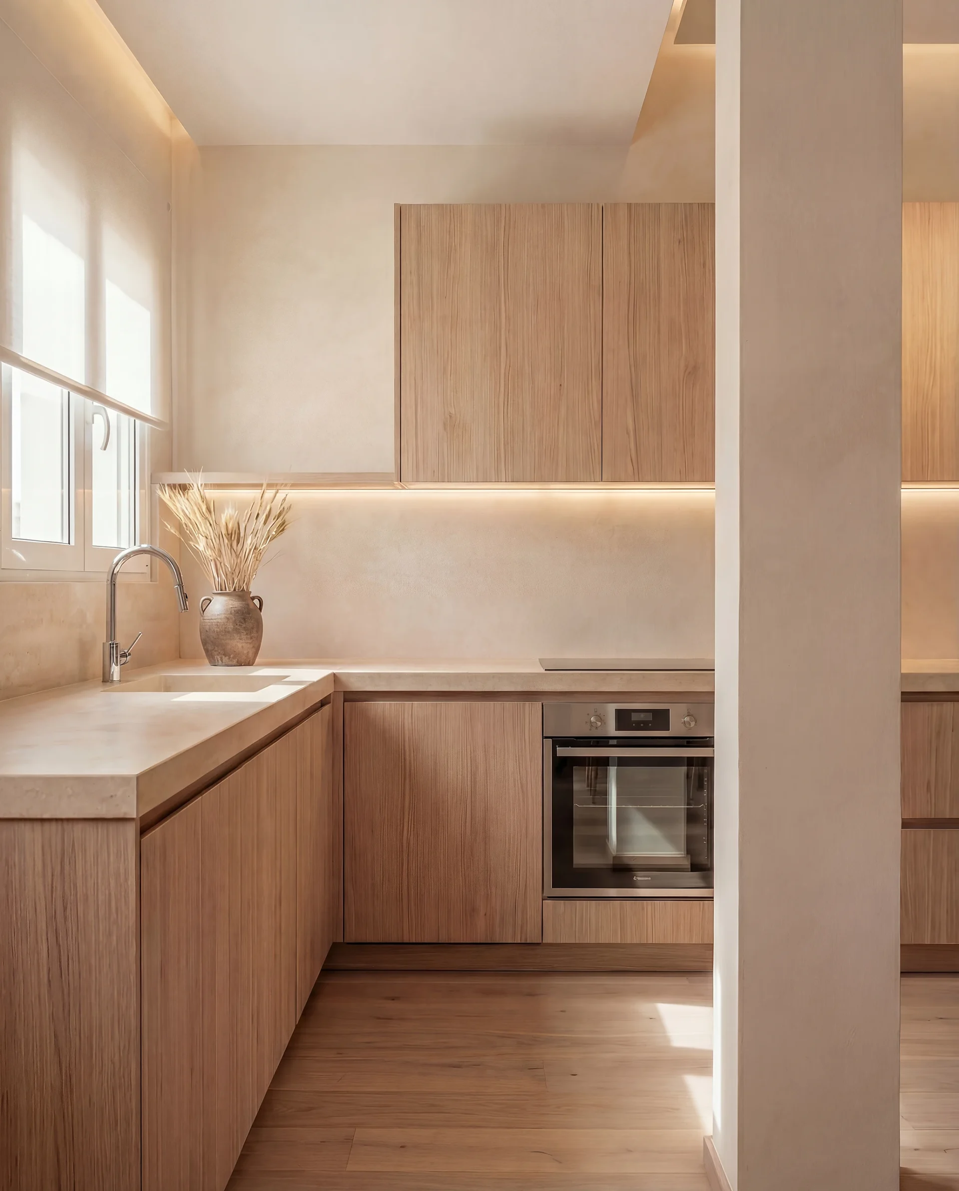 Modern kitchen renovation in Marbella. Light oak cabinets and custom storage by Puntoreforma